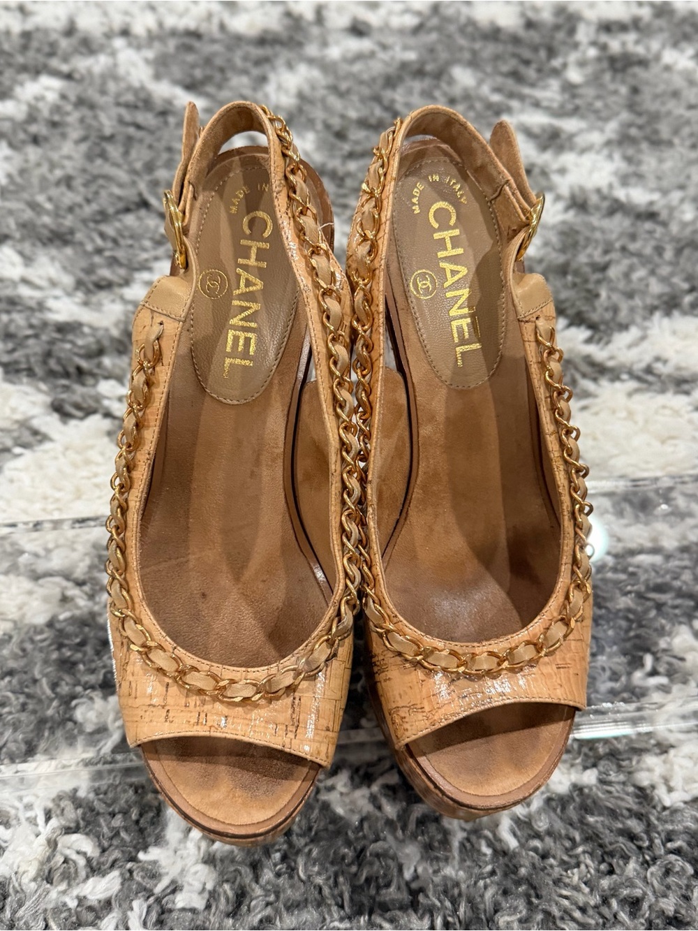 EUC Authentic CHANEL Cork Wedge Slingback Sandals Gold Chain Trim Peep Toe 36.5